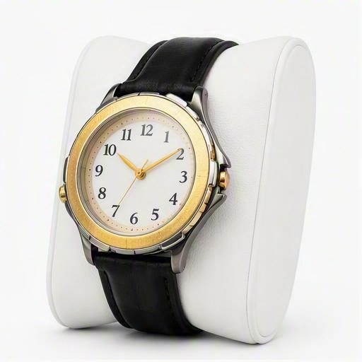 Gold bezel on black leather, three-quarter view