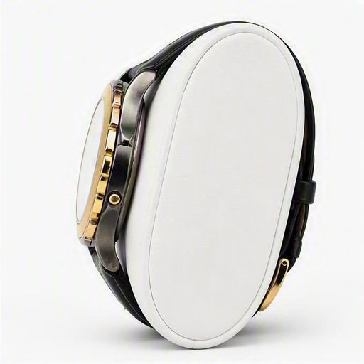 Gold bezel on black leather, profile view