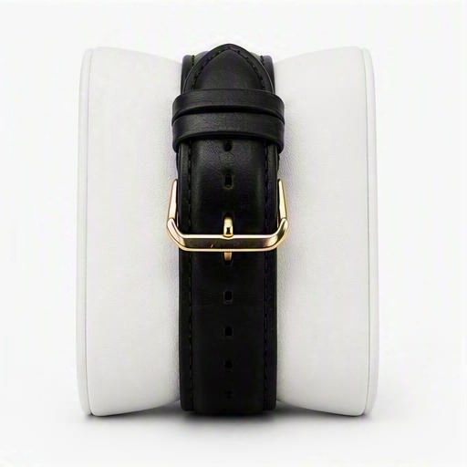Gold bezel on black leather, bracelet view