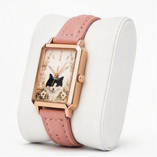 Rectangular case, rose gold, three-quarter view