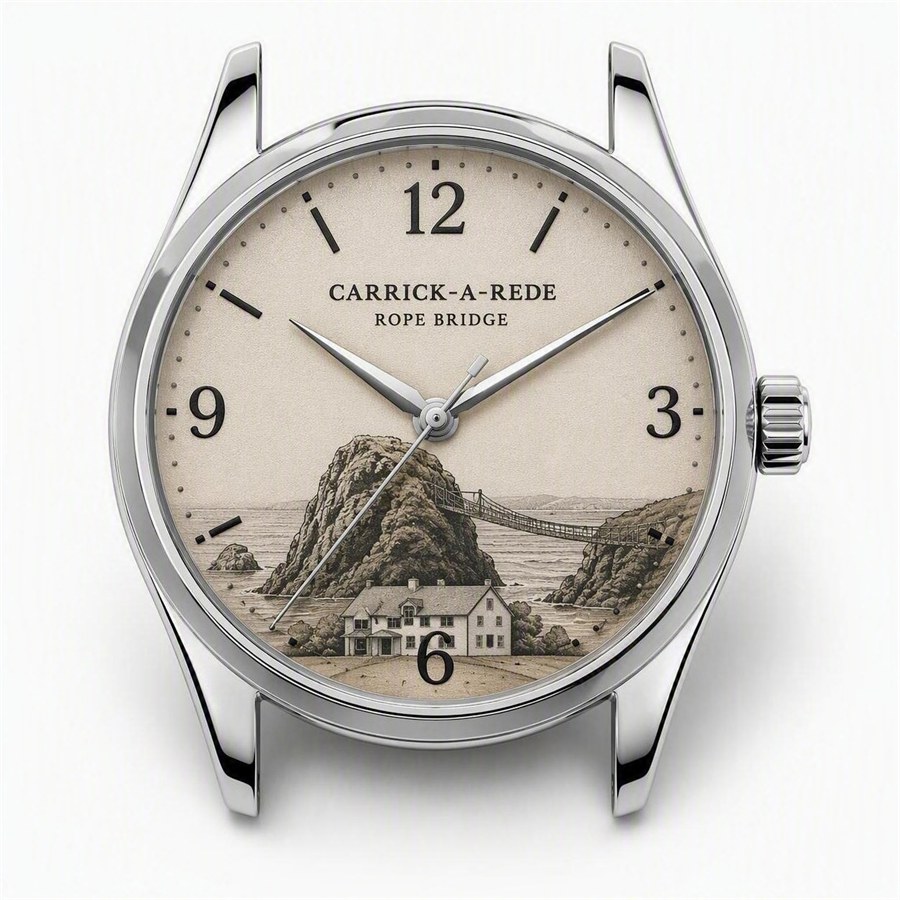 An engraved dial of the Carrick-a-Rede rope bridge, fitted in a steel case