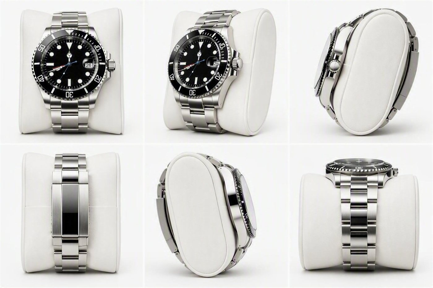 A black dive watch photographed from six angles